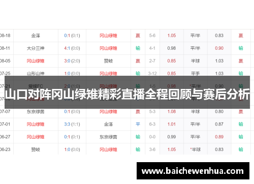 山口对阵冈山绿雉精彩直播全程回顾与赛后分析